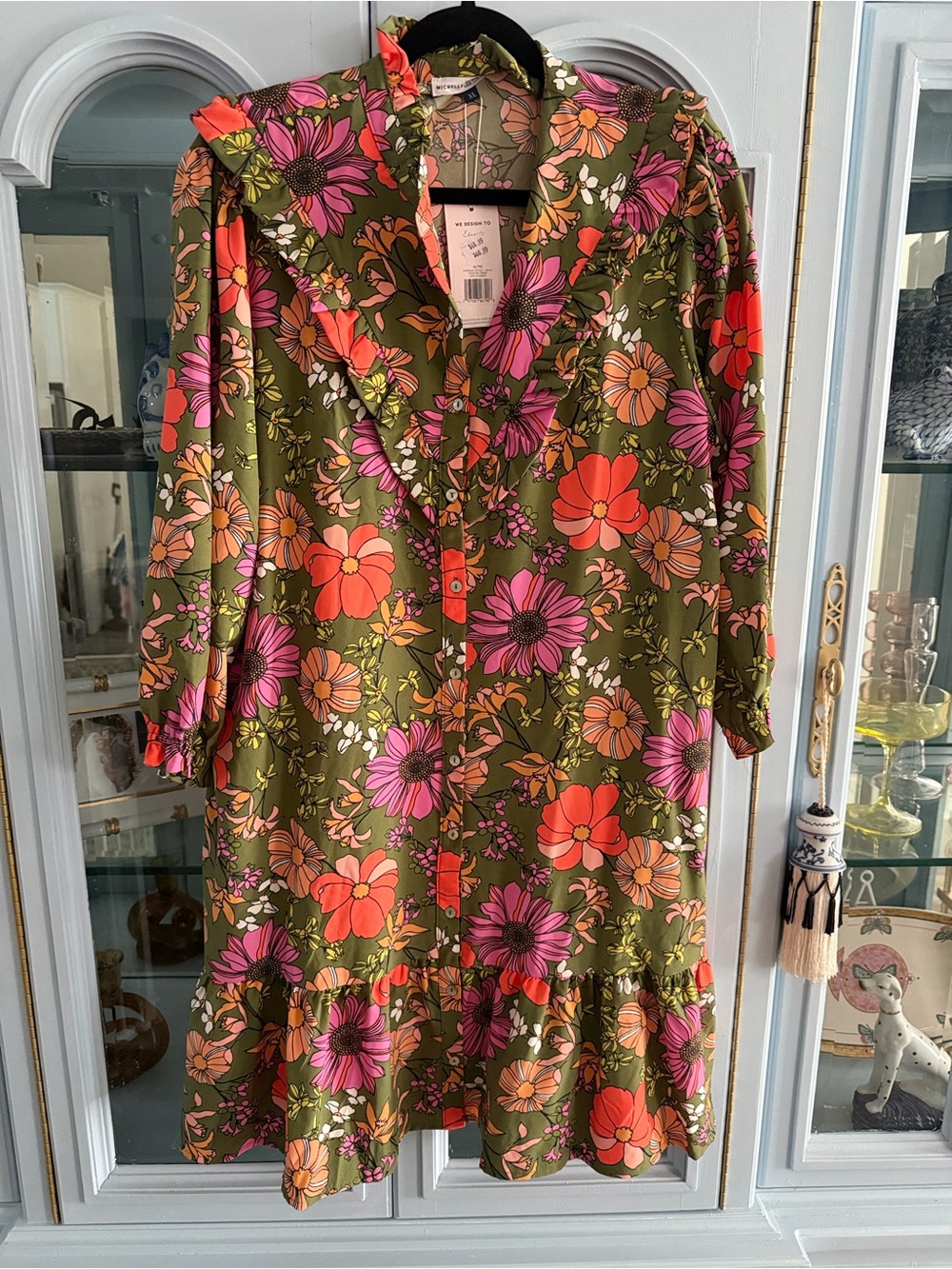 Michelle McDowell Floral Ruffle-Trim Shirt Dress in Olive with Pink